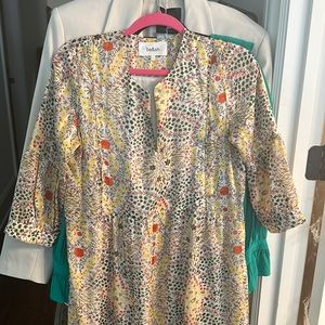 Ba&sh midi lightweight multicolor dress with gold thread | orange and olive